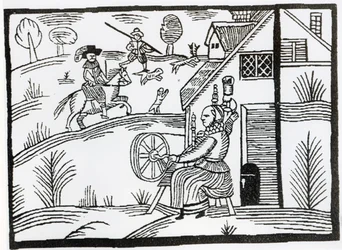 Scène de campagne avec une femme filant et deux hommes chassant un cerf